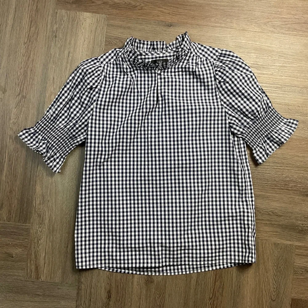 J.Crew Gingham Ruffle Neck Puff Sleeve Boho Cotton Top XS Navy White Cottagecore